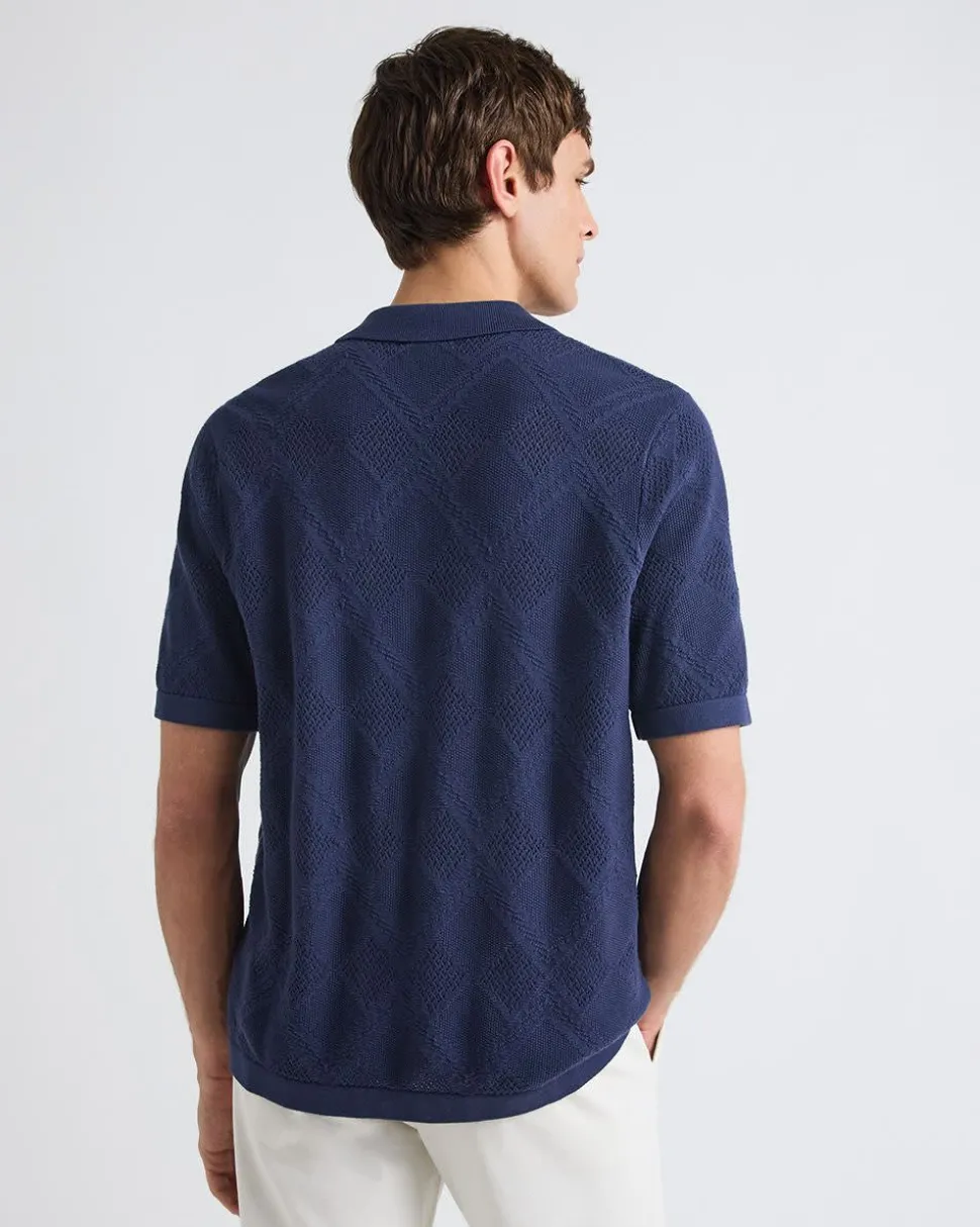 Short-Sleeve Buttoned-Down Argyle Sweater with Camp Collar