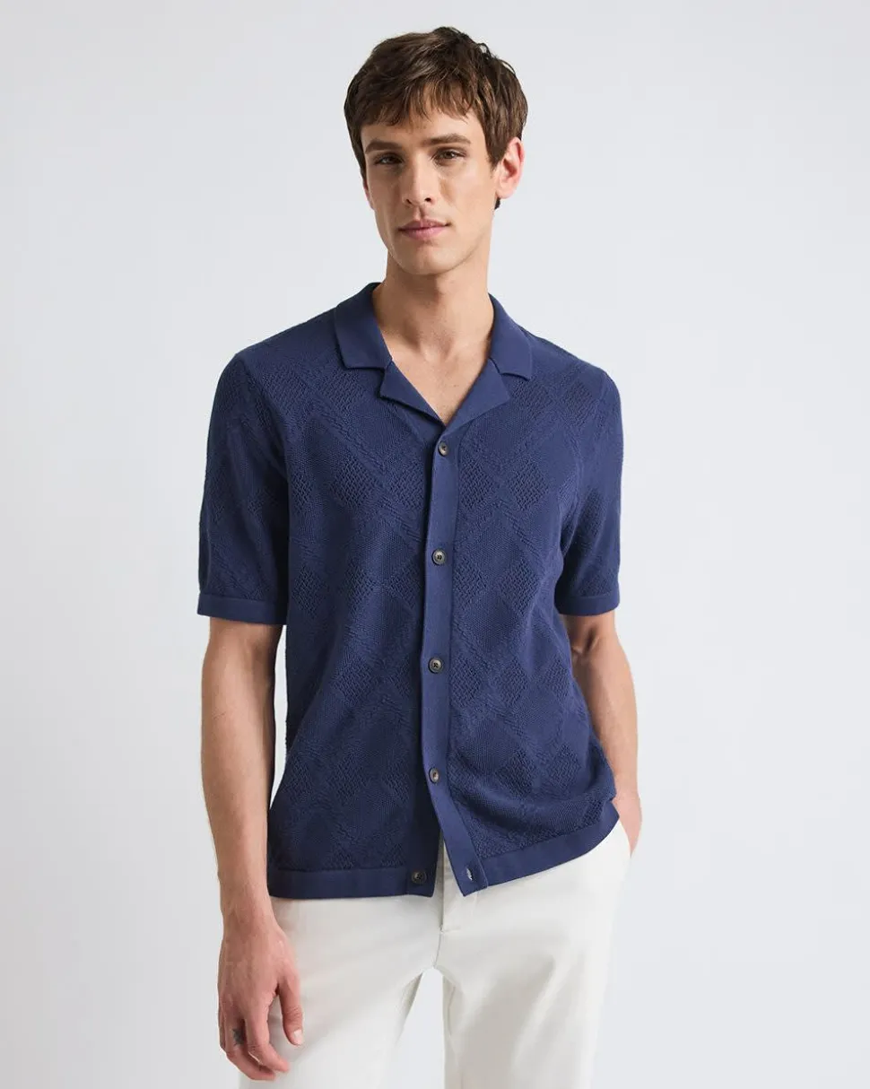 Short-Sleeve Buttoned-Down Argyle Sweater with Camp Collar