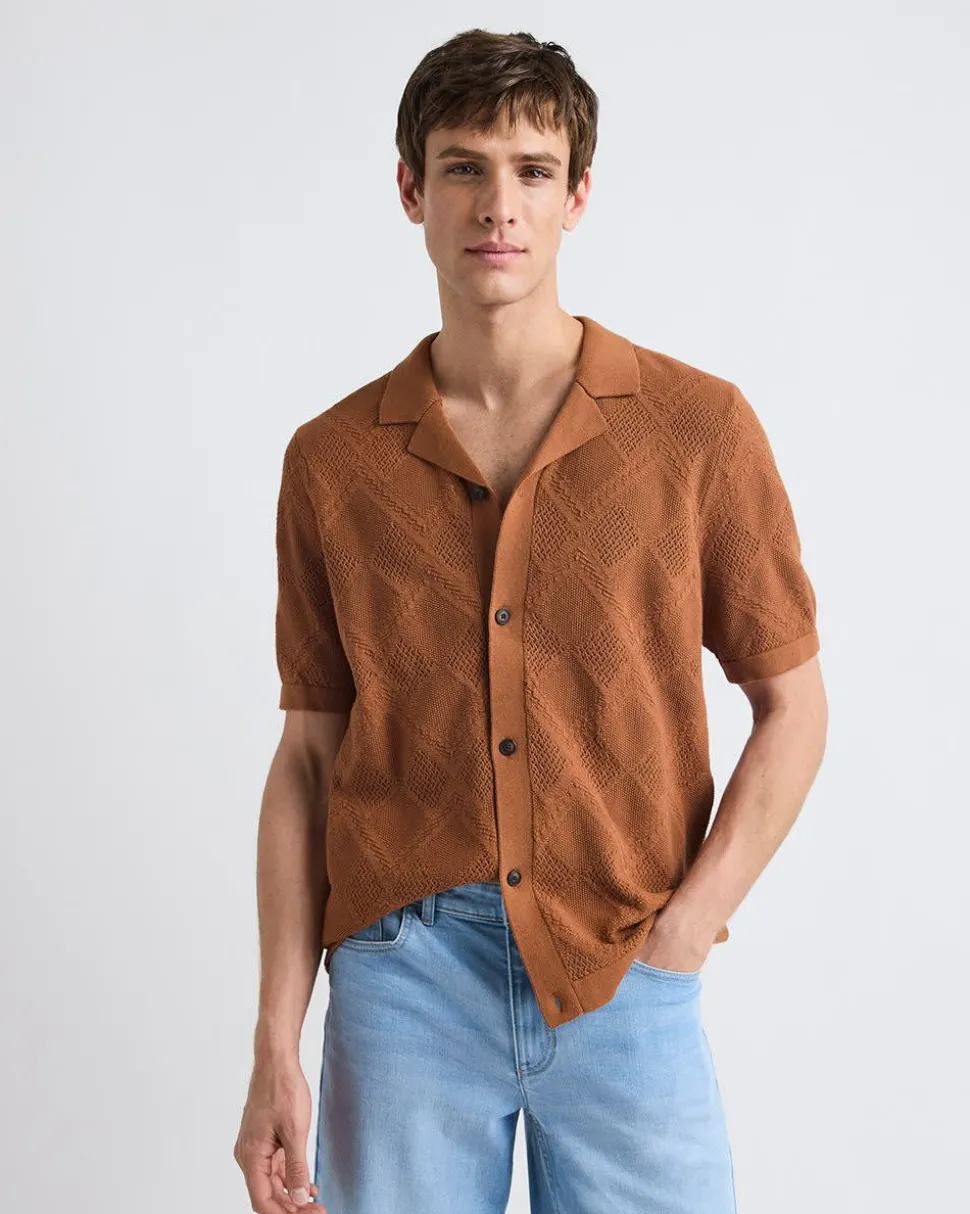 Short-Sleeve Buttoned-Down Argyle Sweater with Camp Collar