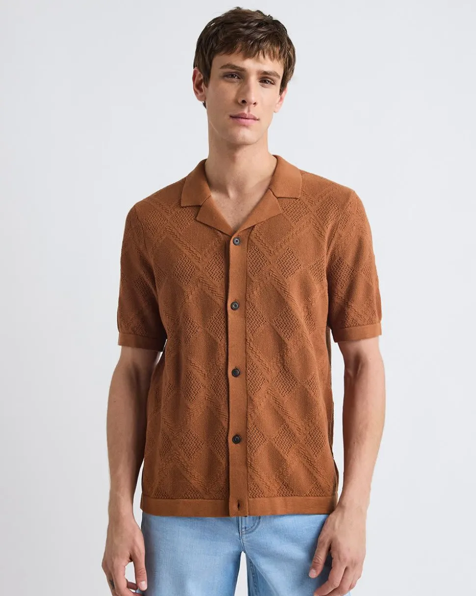 Short-Sleeve Buttoned-Down Argyle Sweater with Camp Collar