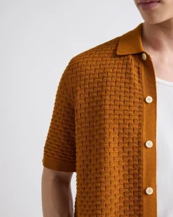 Short-Sleeve Buttoned-Down Textured Sweater with Shirt Collar