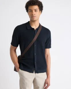 Short-Sleeve Buttoned-Down Textured Sweater with Shirt Collar