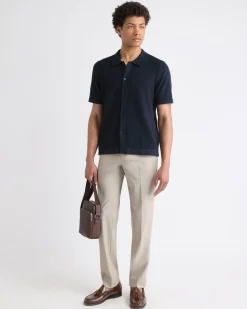 Short-Sleeve Buttoned-Down Textured Sweater with Shirt Collar