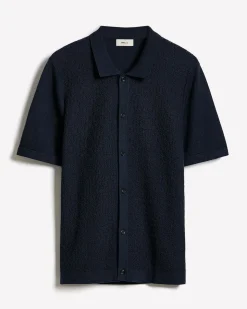 Short-Sleeve Buttoned-Down Textured Sweater with Shirt Collar