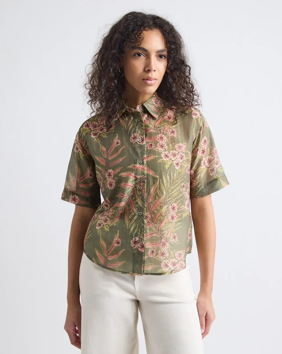 Short-Sleeve Buttoned-Down Blouse with Shirt Collar