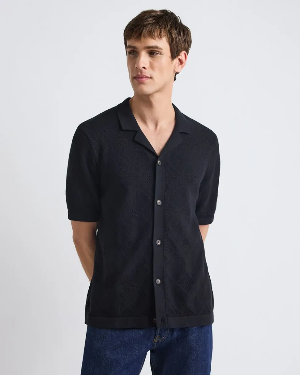 Short-Sleeve Buttoned-Down Argyle Sweater with Camp Collar