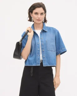Short-Sleeve Buttoned-Down Denim Blouse