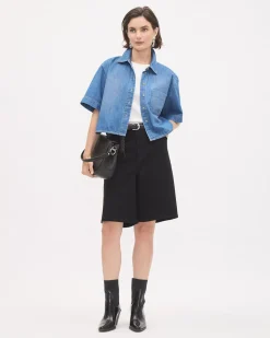 Short-Sleeve Buttoned-Down Denim Blouse
