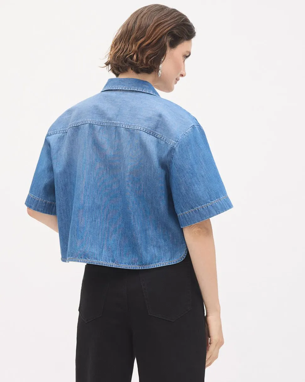 Short-Sleeve Buttoned-Down Denim Blouse