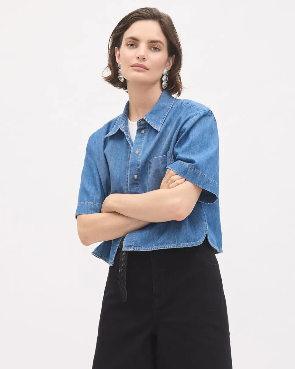 Short-Sleeve Buttoned-Down Denim Blouse