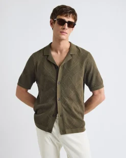 Short-Sleeve Buttoned-Down Argyle Sweater with Camp Collar