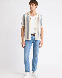 Short-Sleeve Buttoned-Down Sweater with Camp-Collar