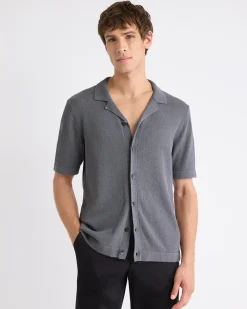 Short-Sleeve Buttoned-Down Sweater with Camp Collar