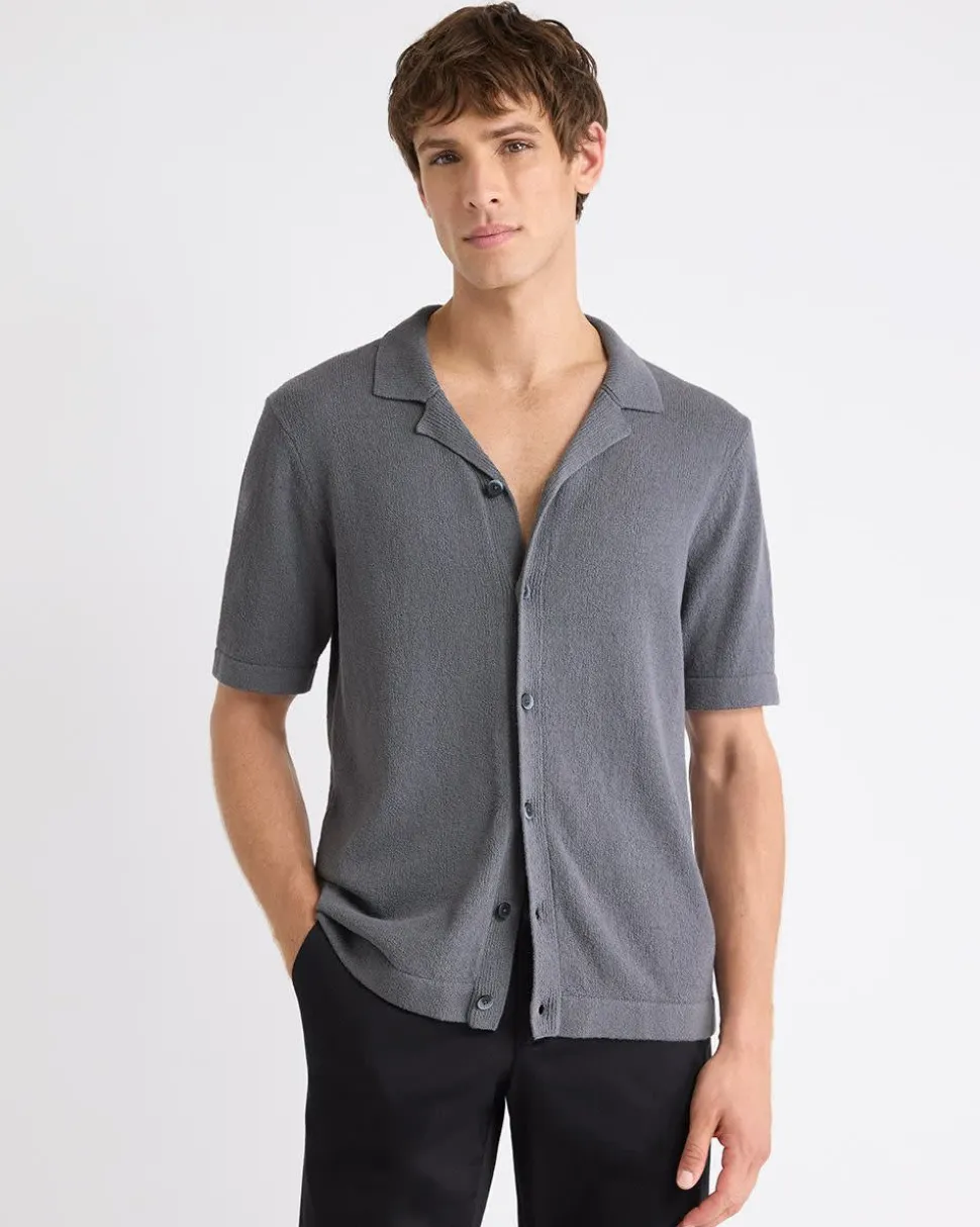 Short-Sleeve Buttoned-Down Sweater with Camp Collar