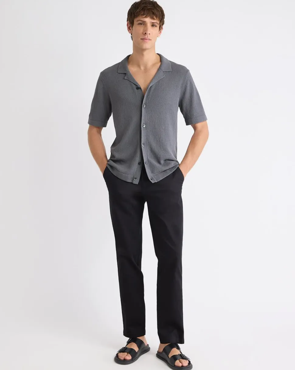 Short-Sleeve Buttoned-Down Sweater with Camp Collar