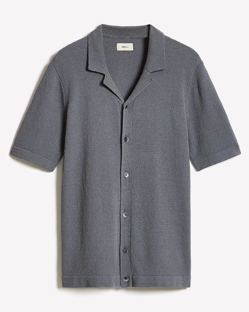 Short-Sleeve Buttoned-Down Sweater with Camp Collar