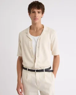 Short-Sleeve Buttoned-Down Sweater with Camp Collar