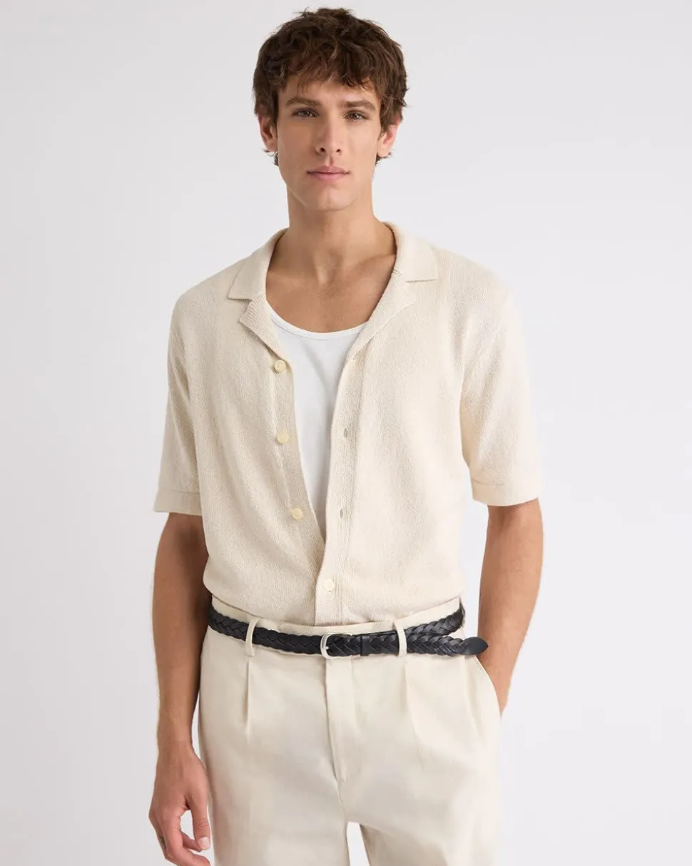 Short-Sleeve Buttoned-Down Sweater with Camp Collar