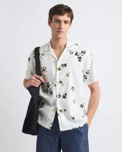 Short-Sleeve Camp-Collar Cropped Shirt with Floral Print