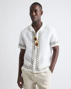 Short-Sleeve Camp-Collar Linen Shirt with Embroidered Details