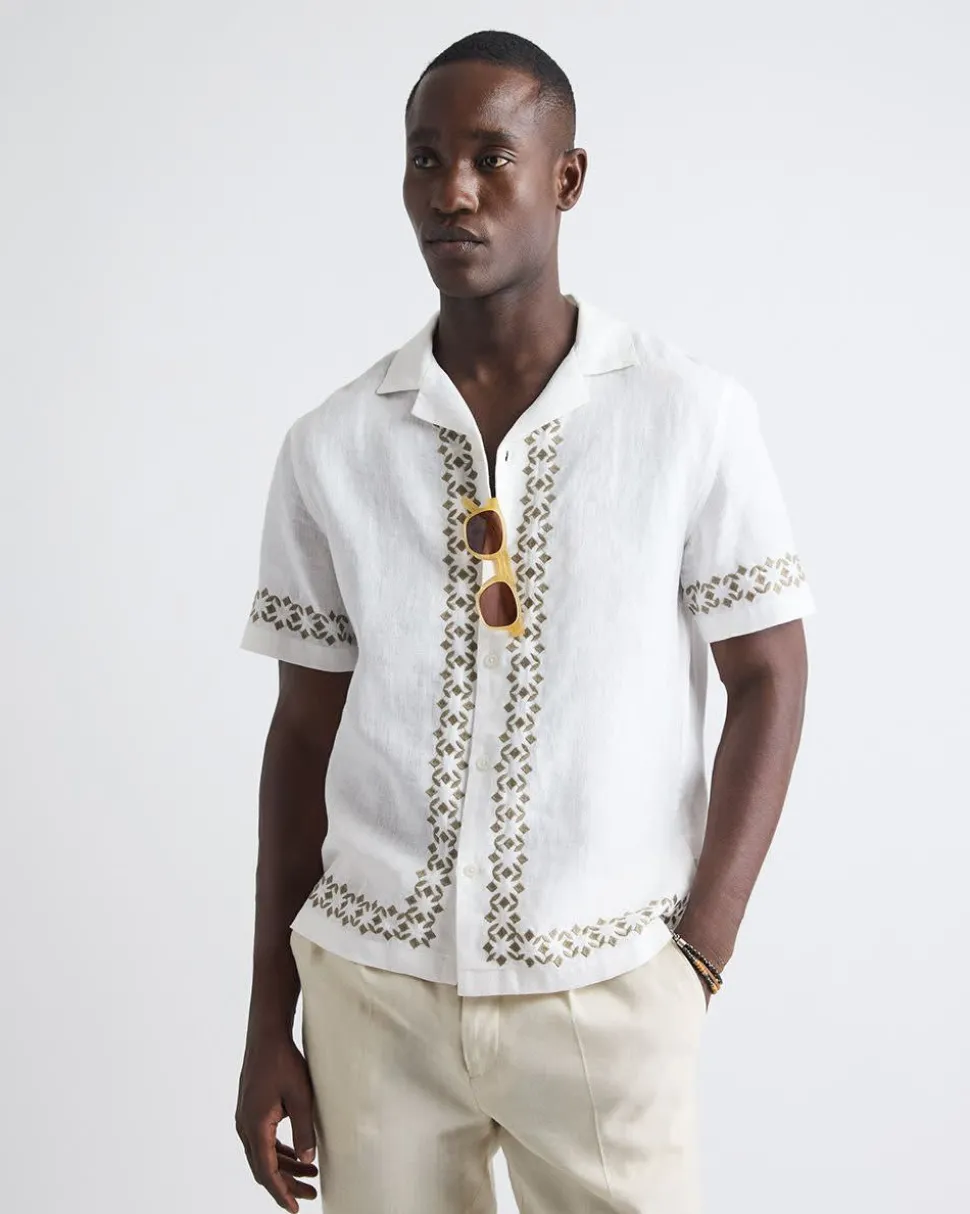 Short-Sleeve Camp-Collar Linen Shirt with Embroidered Details