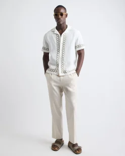 Short-Sleeve Camp-Collar Linen Shirt with Embroidered Details