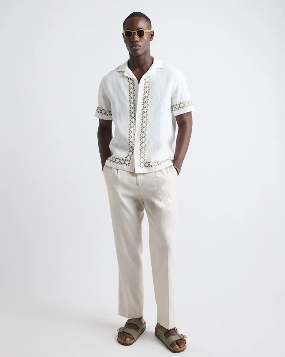 Short-Sleeve Camp-Collar Linen Shirt with Embroidered Details
