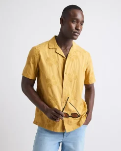 Short-Sleeve Camp-Collar Mustard Shirt with Embroidered Details