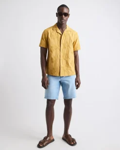 Short-Sleeve Camp-Collar Mustard Shirt with Embroidered Details
