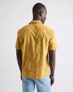 Short-Sleeve Camp-Collar Mustard Shirt with Embroidered Details
