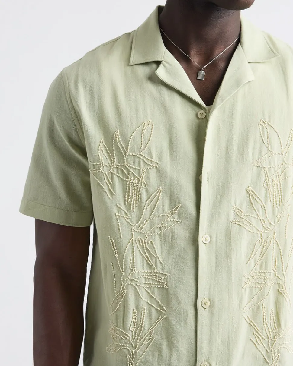 Short-Sleeve Camp-Collar Shirt with Beaded Pattern