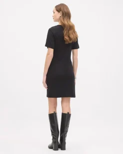 Short-Sleeve Crew-Neck Dress with Knot at Waist