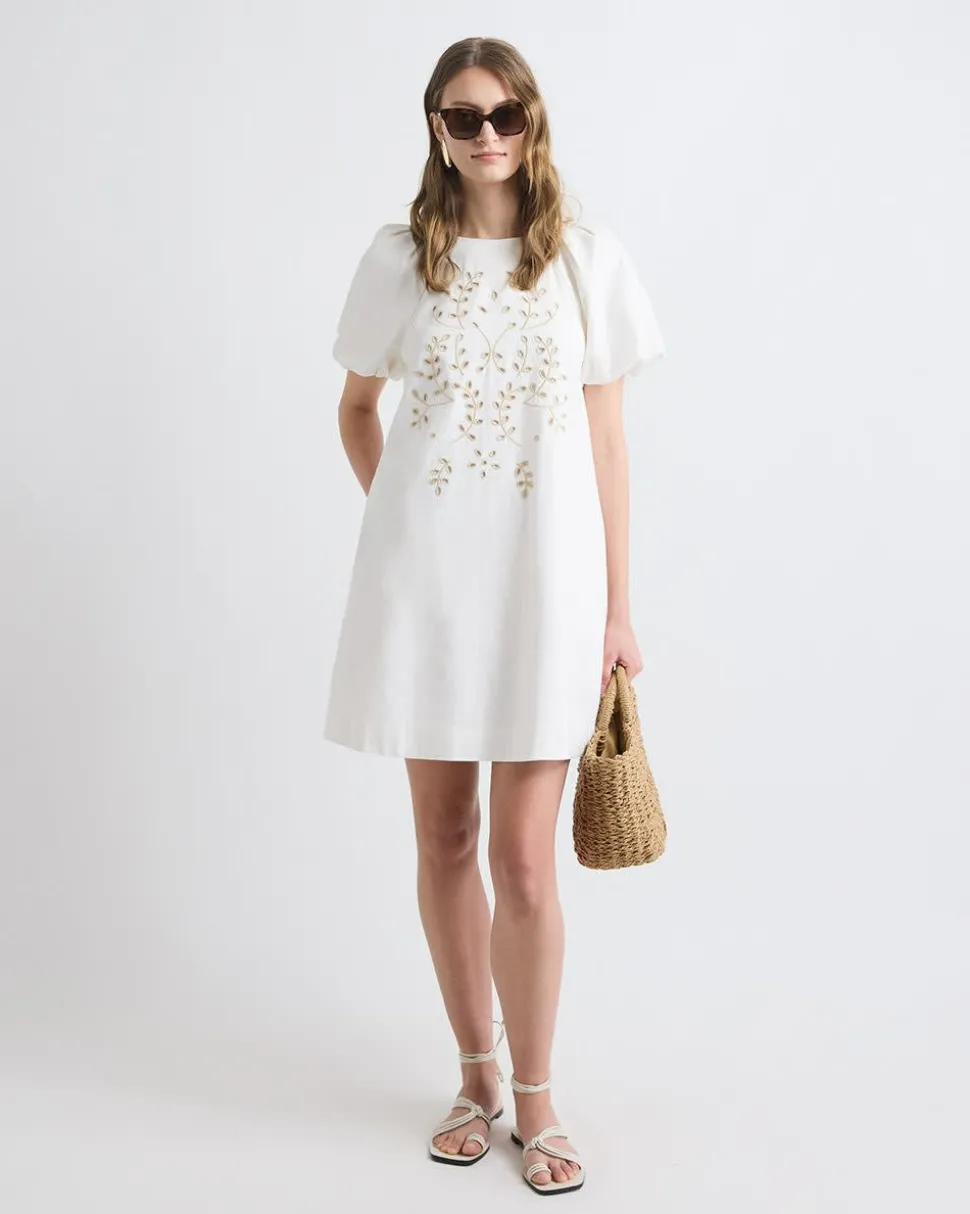 Short-Sleeve Crew-Neck Straight Mini Dress with Embroidery