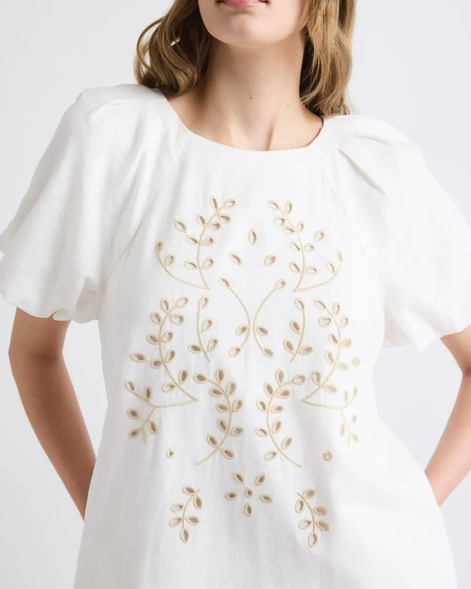 Short-Sleeve Crew-Neck Straight Mini Dress with Embroidery