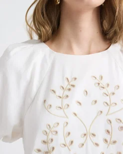 Short-Sleeve Crew-Neck Straight Mini Dress with Embroidery