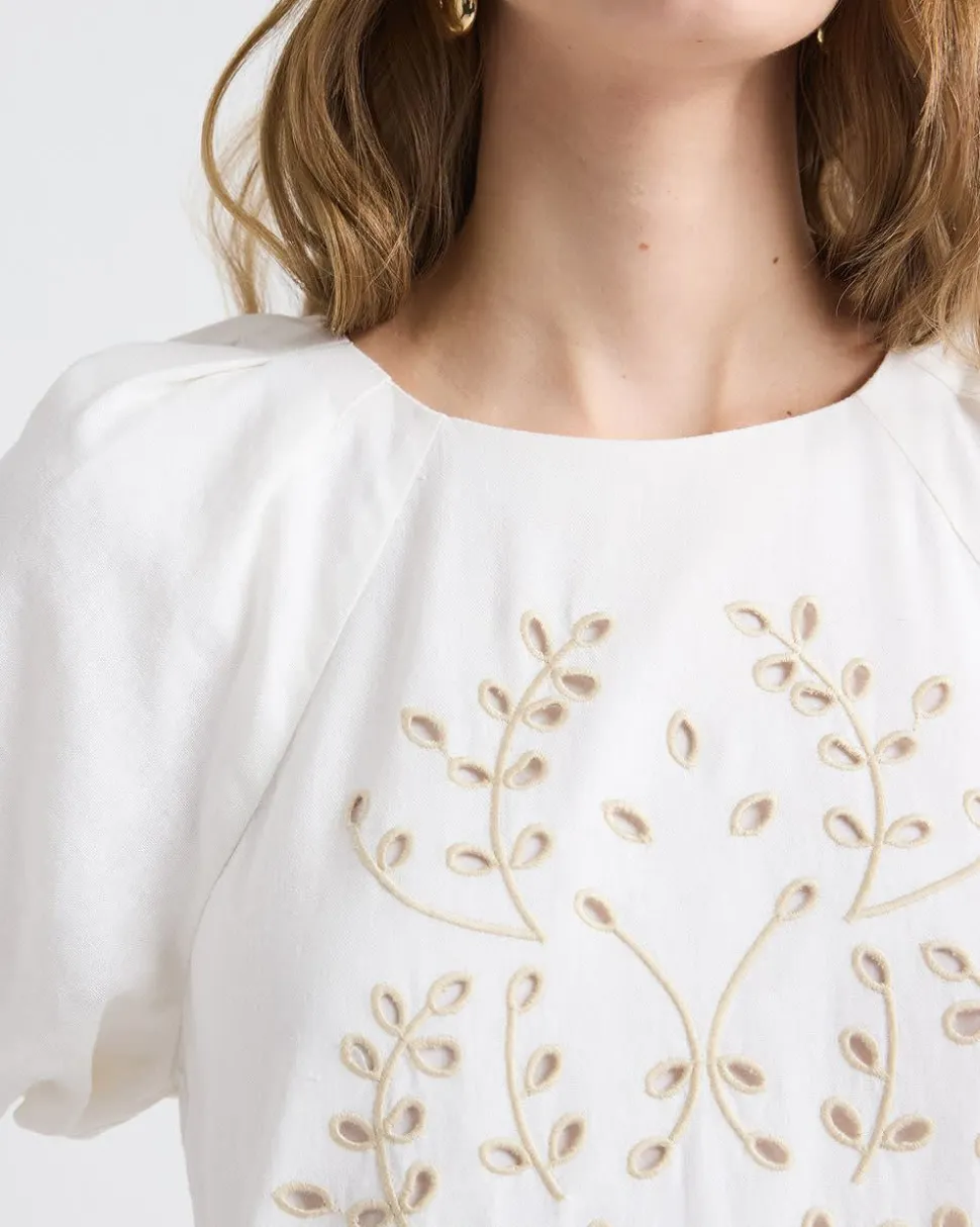 Short-Sleeve Crew-Neck Straight Mini Dress with Embroidery