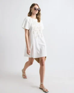 Short-Sleeve Crew-Neck Straight Mini Dress with Embroidery