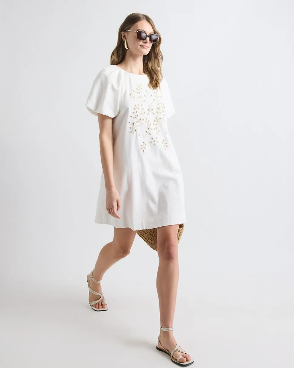 Short-Sleeve Crew-Neck Straight Mini Dress with Embroidery