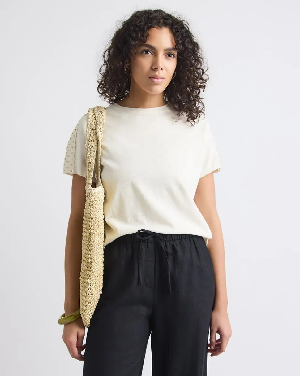 Short-Sleeve Crew-Neck Top with Crochet Details