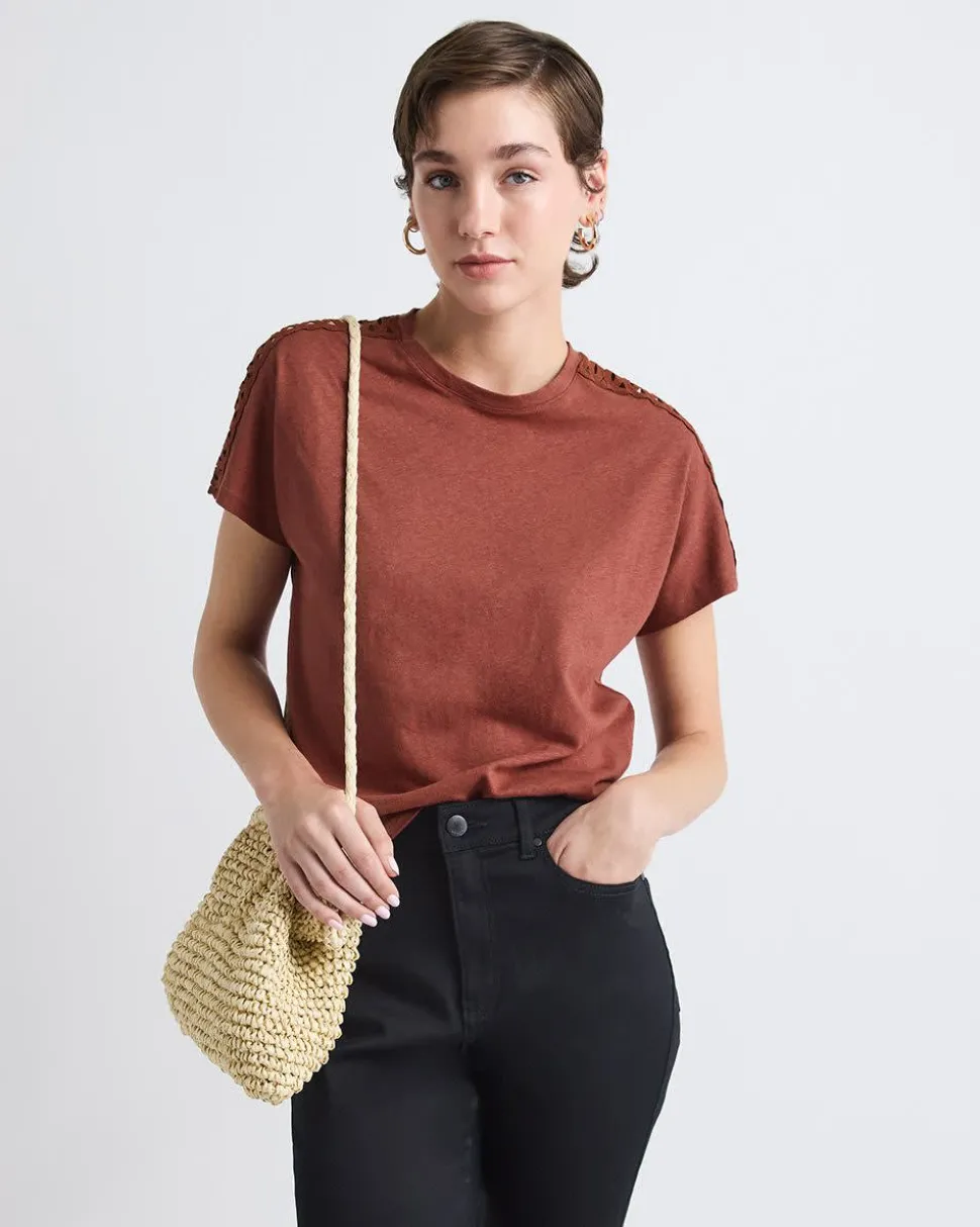Short-Sleeve Crew-Neck Top with Crochet Details