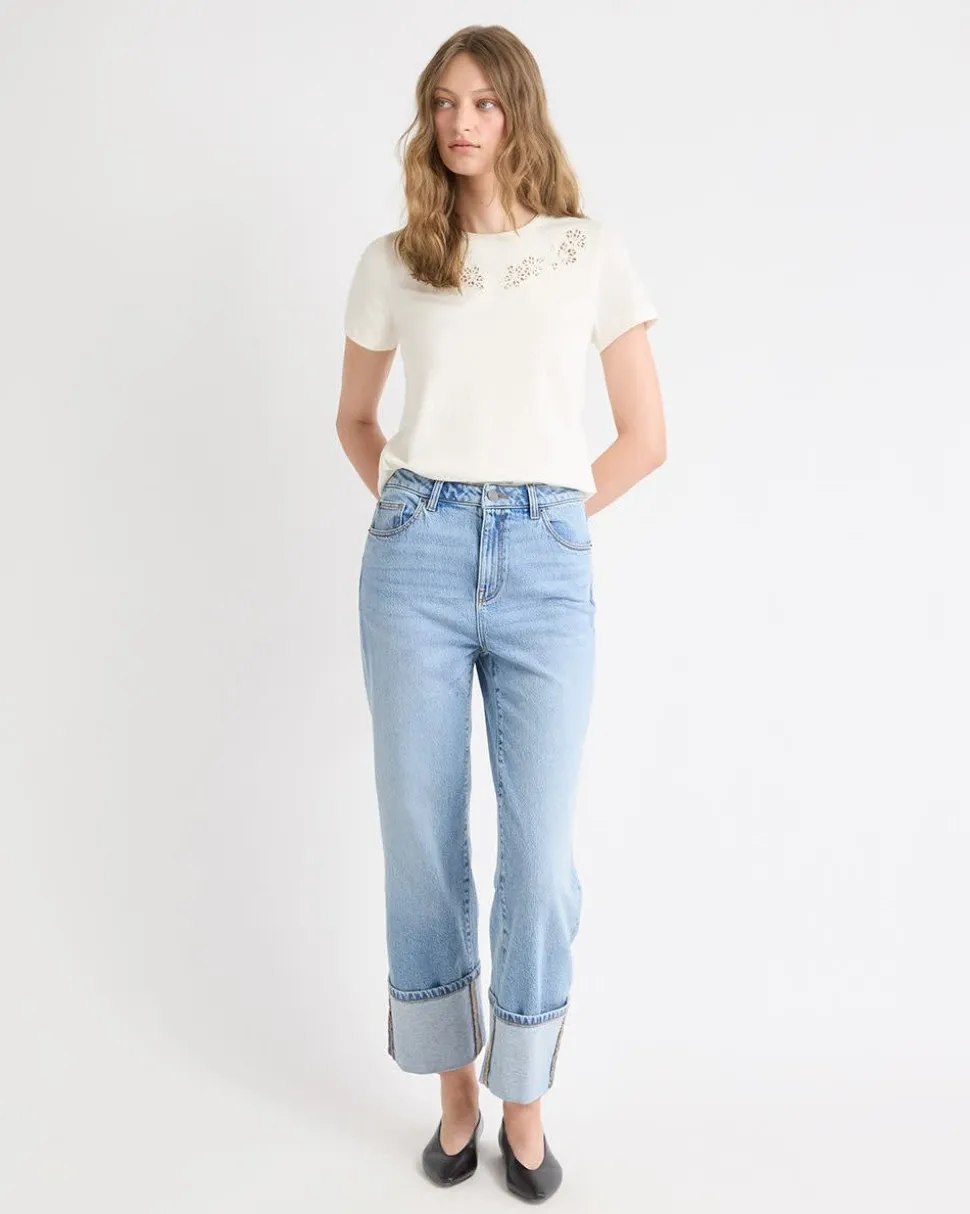 Short-Sleeve Crew-Neck Top with Embroideries