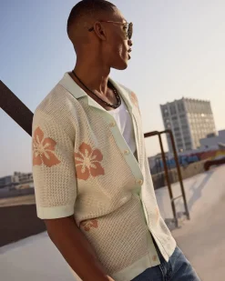 Short-Sleeve Floral Sweater with Camp Collar