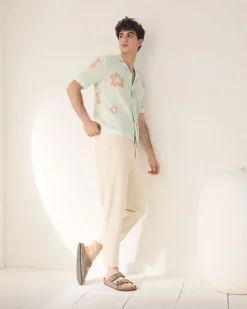 Short-Sleeve Floral Sweater with Camp Collar