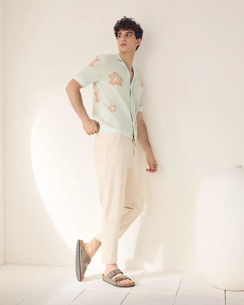 Short-Sleeve Floral Sweater with Camp Collar