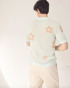 Short-Sleeve Floral Sweater with Camp Collar