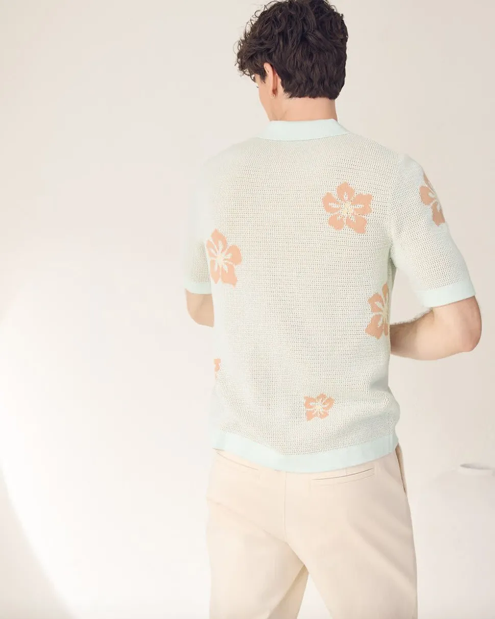 Short-Sleeve Floral Sweater with Camp Collar