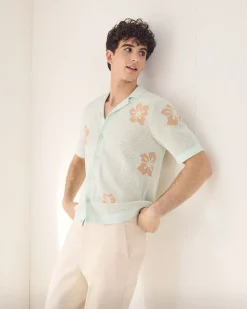 Short-Sleeve Floral Sweater with Camp Collar