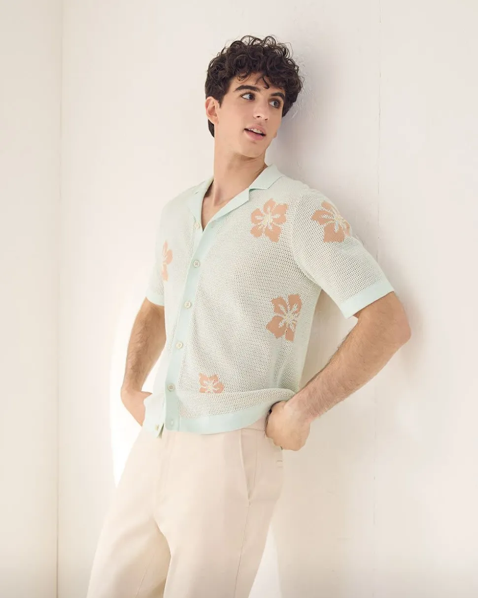 Short-Sleeve Floral Sweater with Camp Collar
