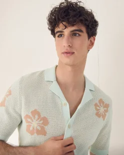 Short-Sleeve Floral Sweater with Camp Collar