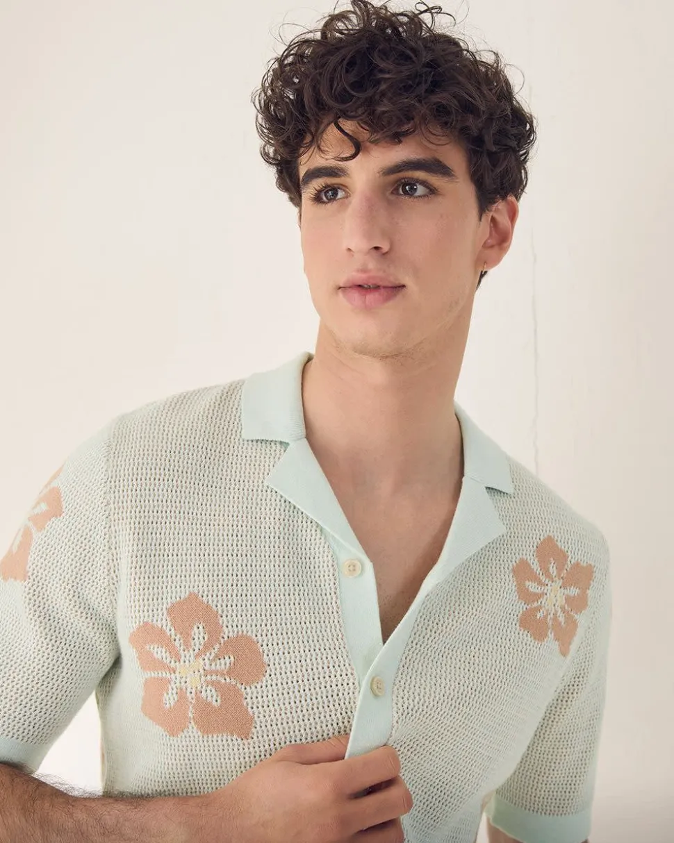 Short-Sleeve Floral Sweater with Camp Collar